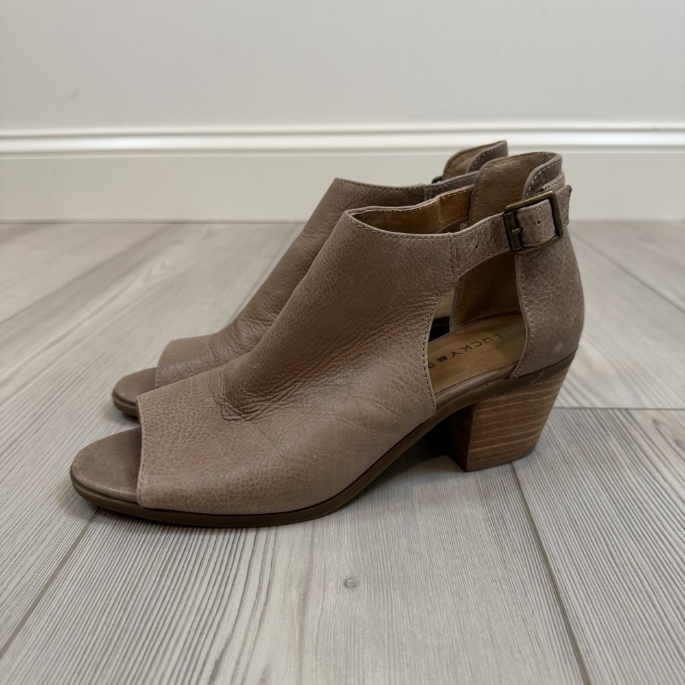 Lucky Brand Barimo Leather Open Toe Heeled Booties Size 7.5 Brown Peep Toe